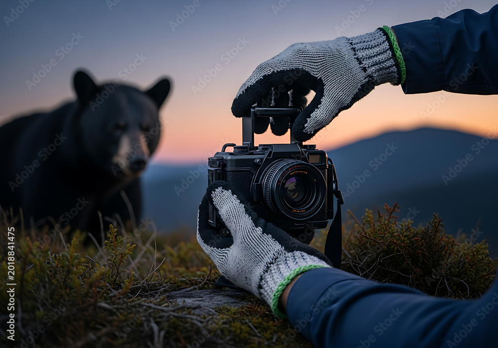 Fototapeta premium A person's gloved hands adjust a camera, capturing a moment with a black bear in the background during a beautiful sunset.