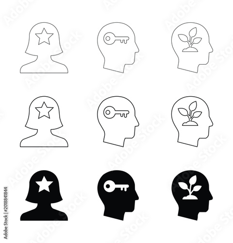 Business solution and growth mindset icon set with outline and solid vectors