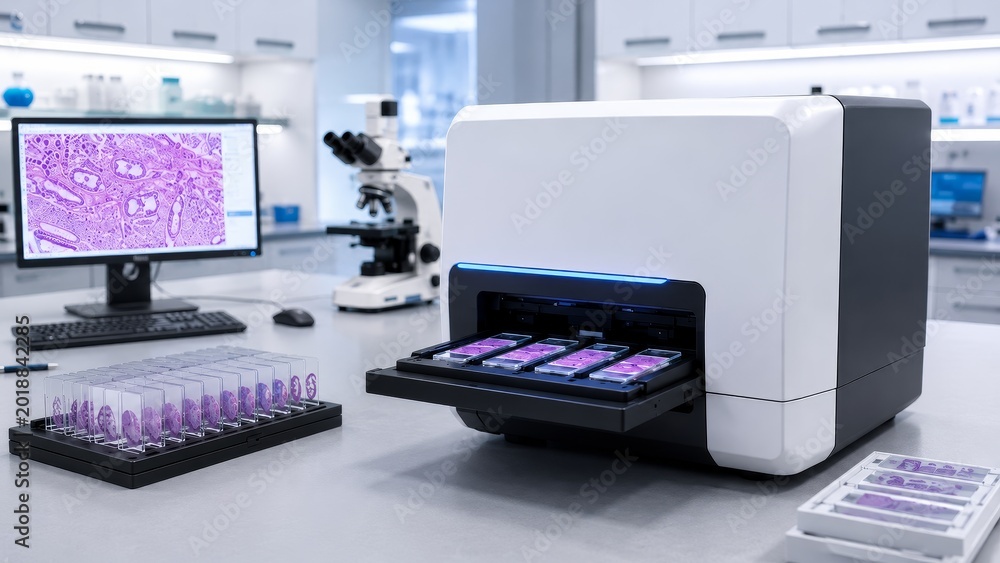 Fototapeta premium Automated Histology Slide Scanner in Modern Digital Pathology Laboratory