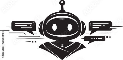 Futuristic AI chatbot avatar icon, black and white robot head with speech bubbles, artificial intelligence assistant vector for customer support
