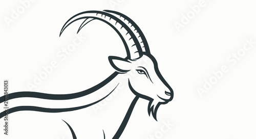 Elegant monochrome illustration of a majestic mountain goat with prominent horns, capturing the essence of wild nature and animal strength in a minimalist line art style