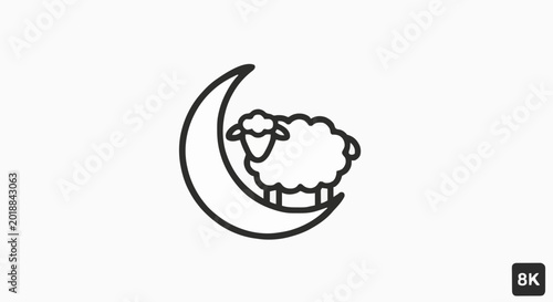 Minimalist line art of a fluffy sheep resting on a crescent moon, representing sleep, dreams, and tranquility