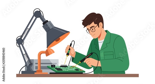Electronics Technician Soldering Circuit Board Under Desk Lamp Vector Illustration