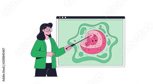 Female Scientist or Biology Teacher Explaining Cell Structure on a Digital Screen Illustration