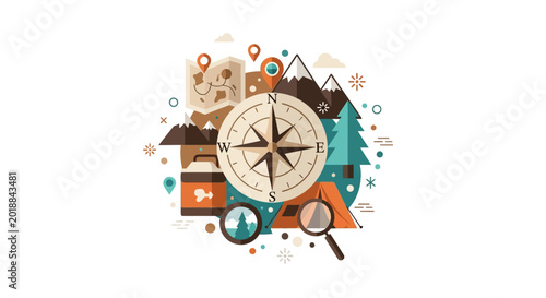 Adventure and Outdoor Exploration Concept Illustration featuring a Compass, Map, Mountains, and Camping Gear in a Modern Flat Design Style
