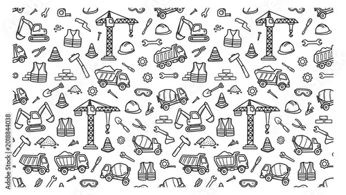 Construction site doodle illustrations with cranes and tools.