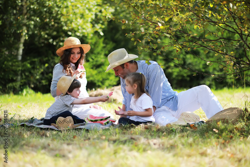 Valokuva Happy family with children having picnic in park, parents with kids sitting on g