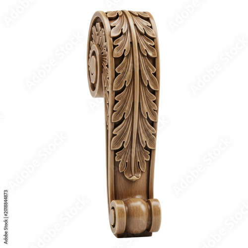 Decorative wood leaf corbel with scroll design on a transparent backdrop