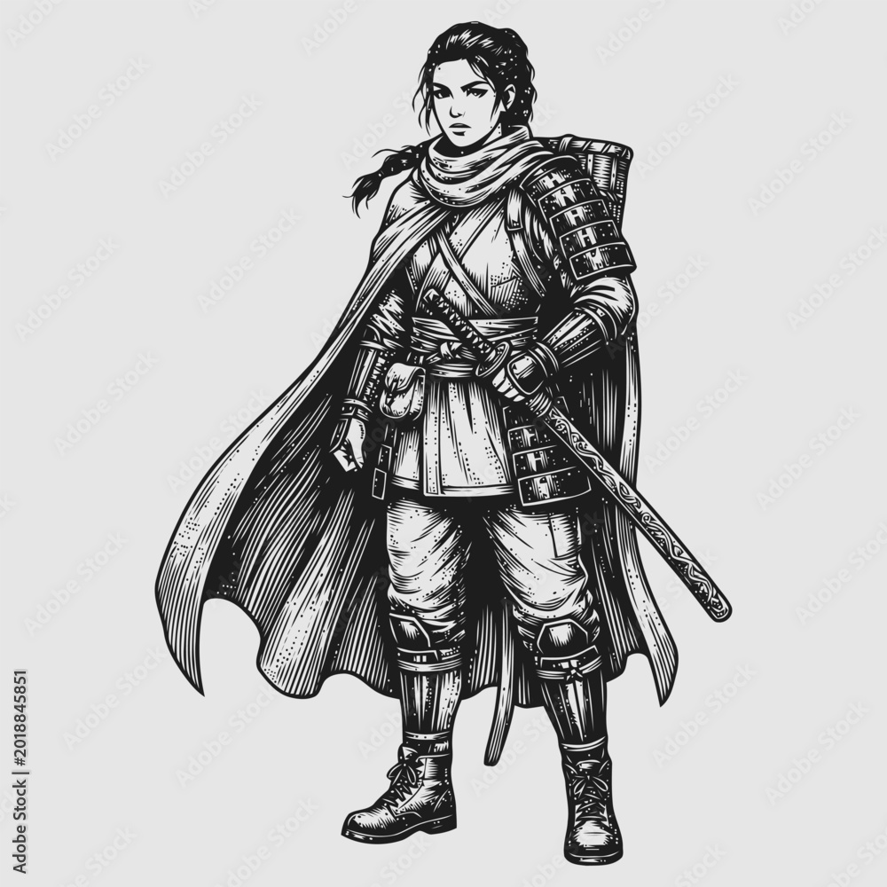 Obraz premium A female warrior stands heroically with sword in hand wearing armor