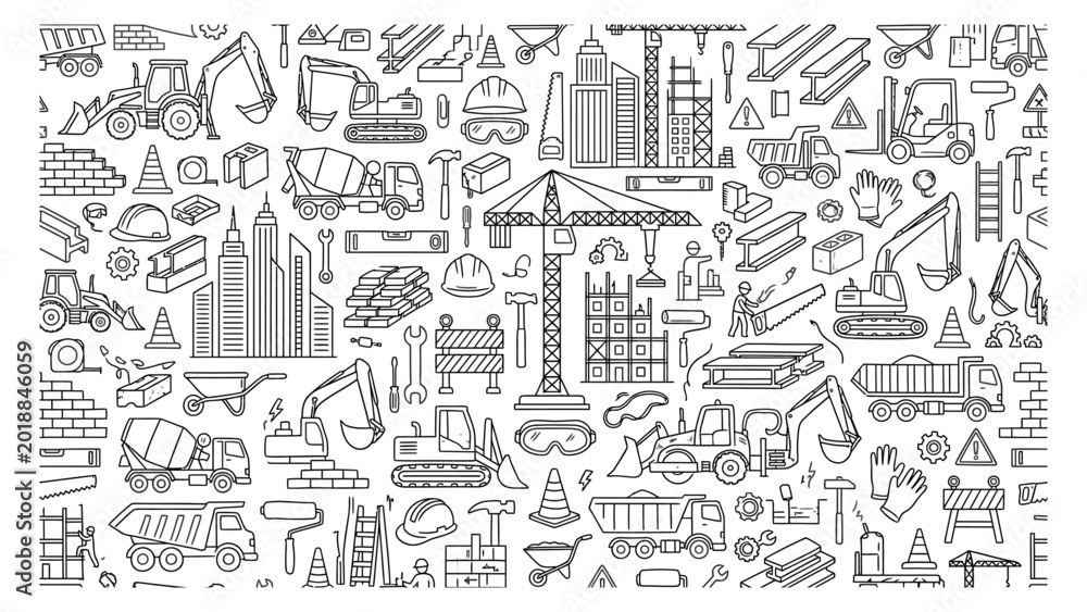 Obraz premium A diverse array of construction and architectural icons and symbols.