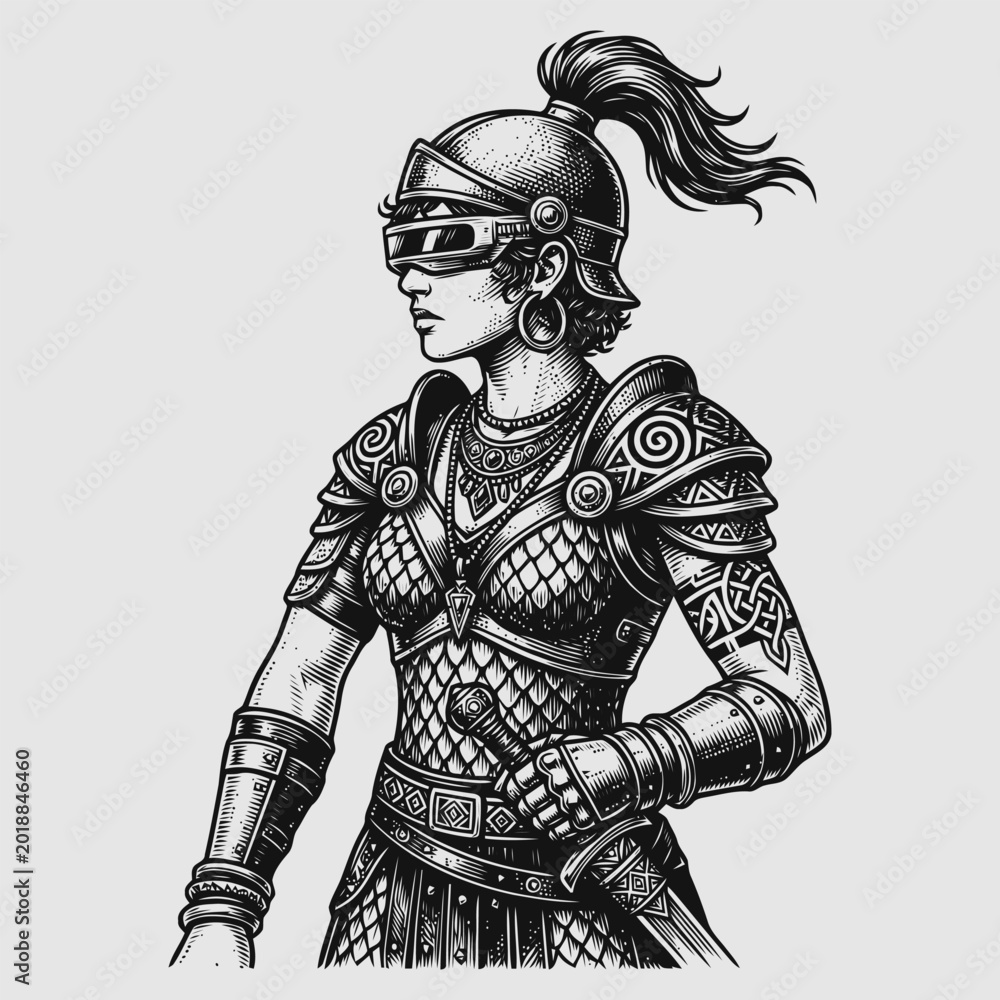 Obraz premium Female warrior in armor with ponytail and blindfold stands ready for battle s45.eps