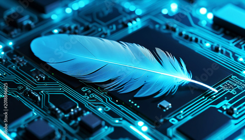 Blue Feather on Futuristic Motherboard