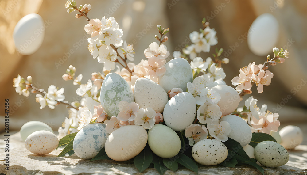 Obraz premium Easter botanical composition with soft pastel eggs and floral elements