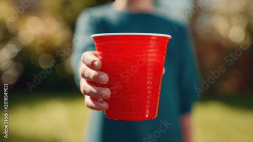 Independance day person holding red plastic cup outdoors celebrating independance day with festive and joyful atmosphere