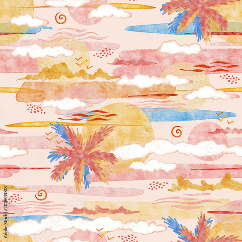 Sunset Seamless Pattern Coastal Dreamy Sky Sun and Clouds Abstract Blush Aesthetic Watercolor Wallpaper Background Terracotta Pink and Blue Blob Lines for Summer Textile