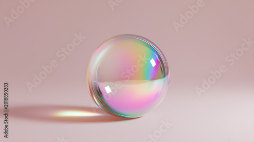 Soap bubble sphere with rainbow iridescence reflection on a pink backdrop
