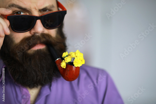 Tableau sur toile Handsome man or lumberjack, bearded hipster, with beard and mustache in shirt wi