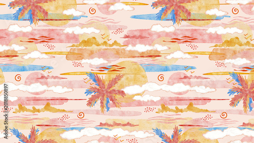 Sunset Coastal Dreamy Sky Banner with Sun and Clouds Abstract Blush Aesthetic Watercolor Wallpaper Background Terracotta Pink and Blue Blob Lines for Summer Textile