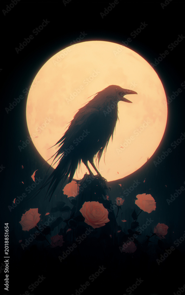 Fototapeta premium Dark raven with flowing ink like feathers dissolving into mist before a luminous full moon in deep blue night sky creating dramatic gothic fantasy atmosphere for halloween posters book covers and myst