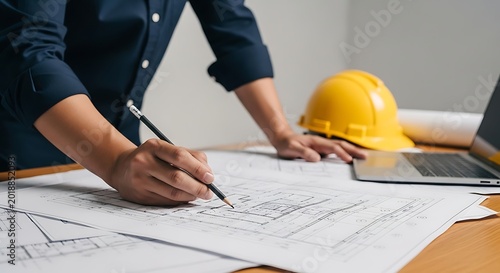 Professional architect hands drawing architectural blueprints at office desk workspace