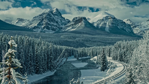 Photos Bow River Valley Winter Panorama with Railway and Rocky Mountains, Banff Nationa