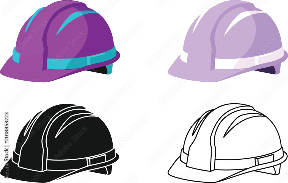 Fototapeta premium Set of construction hard hats in various colors and styles including solid outline and silhouette for safety and protection concepts