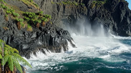 Waves crash against rocky coastline, creating splashes and mist, with lush ferns growing on the cliffside under bright sunlight in a coastal landscape