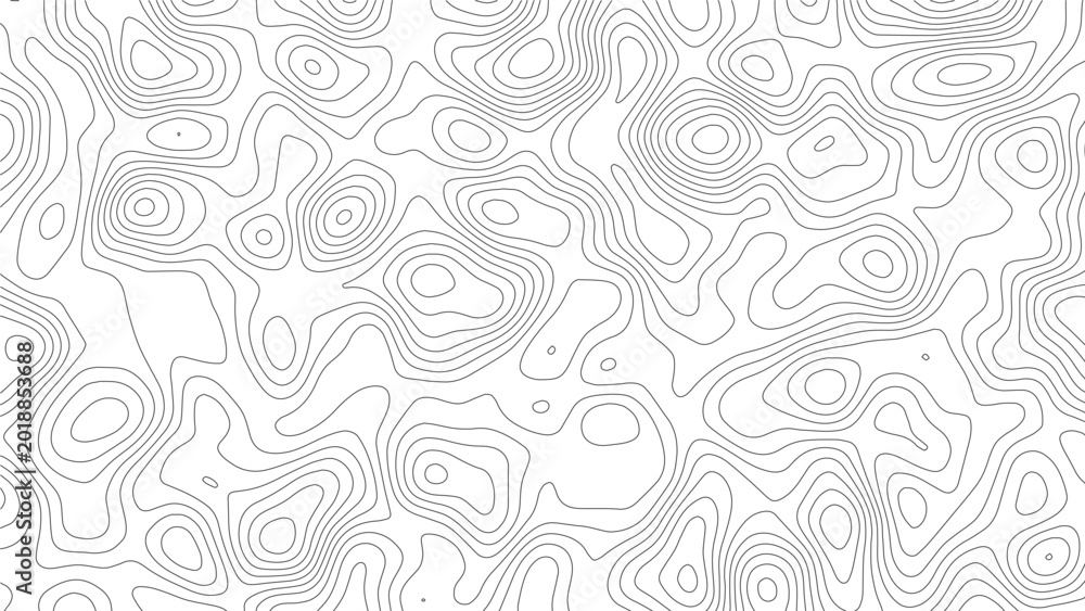 Fototapeta premium Topographic map contour lines pattern with thin black wavy lines on a white background representing elevation changes and geographical terrain mapping data in a repeating abstract style
