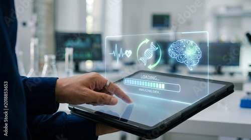 Healthcare professional using tablet with medical AI interface and digital diagnostic data in hospital laboratory