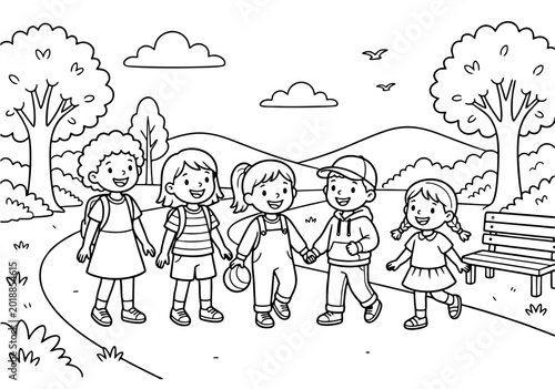 Black and White Coloring Page of Happy Children Walking Together in a Nature Park with Trees and a Bench