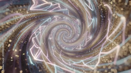 Abstract Golden Particle Vortex with Shimmering Light Trails