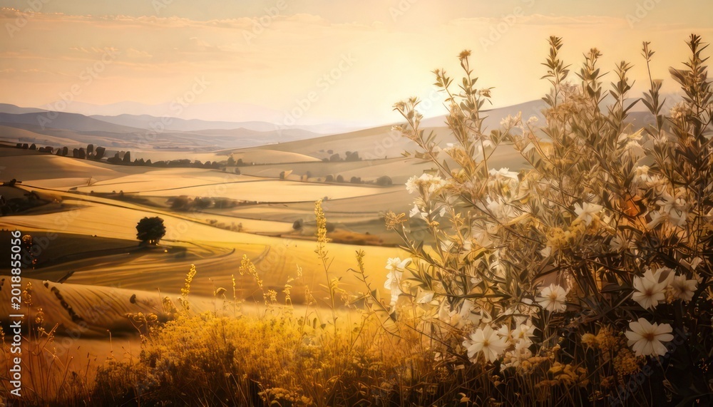Fototapeta premium Golden Tuscan Landscape - Rolling Hills and Blossoming Shrub at Sunset.