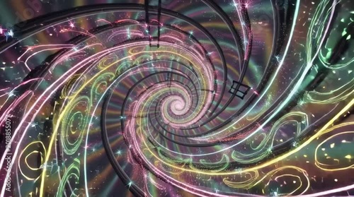 Abstract psychedelic spinning vortex of colorful glowing neon lights