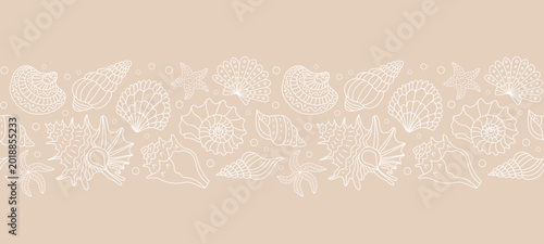 Seamless horizontal border with sea shells and starfish. Vector nautical frame in white line art style for summer beach-themed website banners, ribbons, and stationery design.