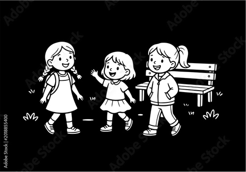 White Outline Vector Illustration Of Three Cheerful Girls Walking Near A Park Bench On A Black Background