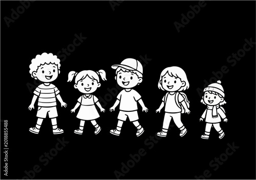 Minimalist White Line Art Of Five Diverse Kids Walking In A Row On A Dark Background