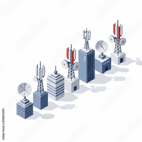 Communication towers and antennas arranged in a row.