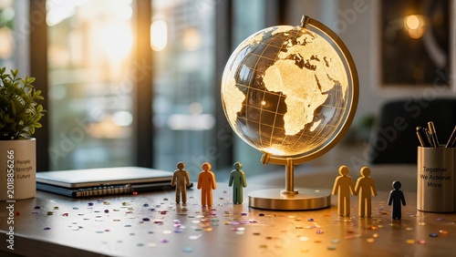 population. Gold globe lamp with confetti on modern office desk. pitch deck slides, case study pages, designed for corporate presentation decks and stakeholder reports, used by marketing managers.