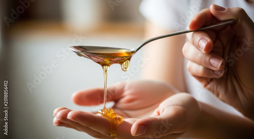 Honey dripping from a spoon onto a persons open hand closeup shot.