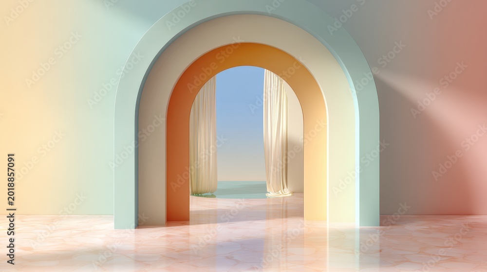 Fototapeta premium Minimalist Archway with Ocean View and Curtains