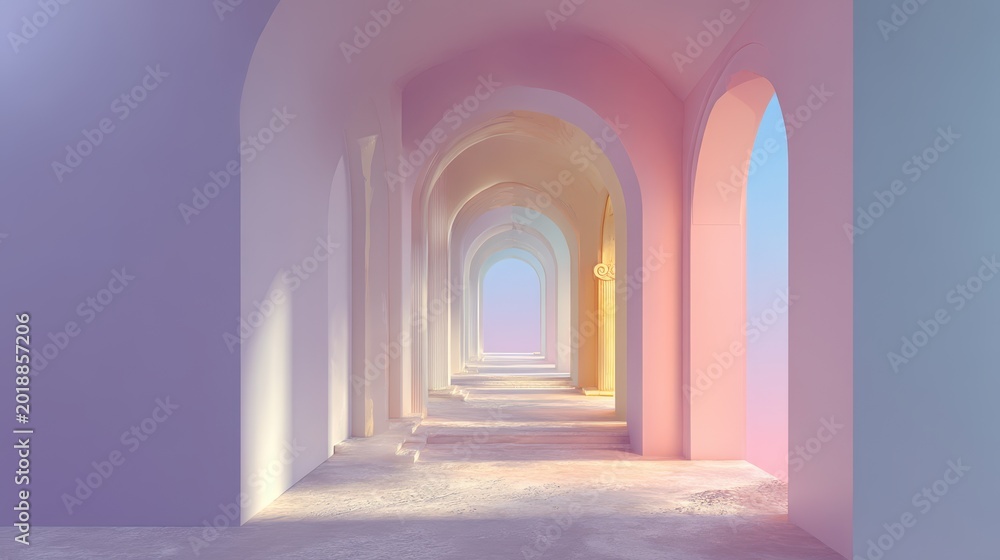 Fototapeta premium Pastel Color Arched Corridor with Soft Lighting