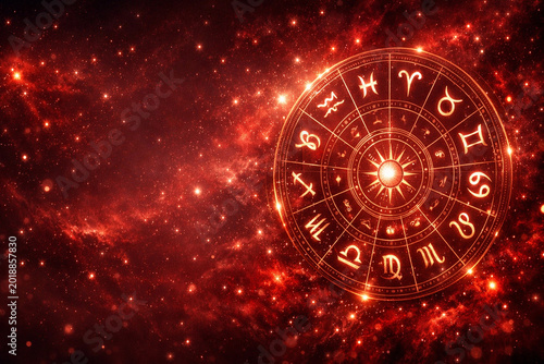 Zodiac Wheel in Cosmic Embrace: A celestial representation of the zodiac wheel glows amidst a vibrant tapestry of cosmic colors, evoking a sense of mystery and wonder.