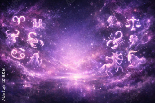 Celestial Zodiac: An ethereal composition of the zodiac signs arranged amidst a cosmic canvas of stars, nebula, and galaxies. The image captures the mystique of astrology and the cosmos.
