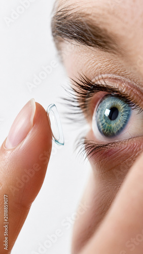 Contact Lens Precision: A close-up shot of an eye with vibrant blue iris, in the process of contact lens application, highlighting vision and eye care.
