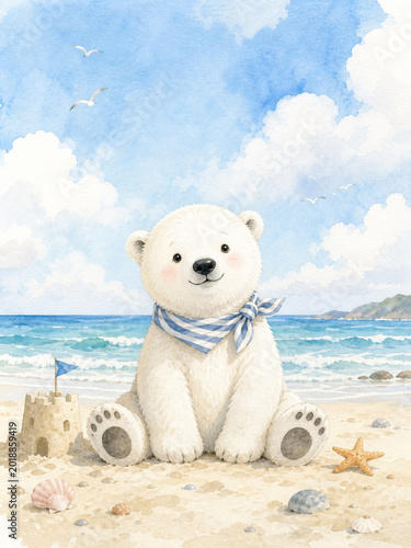Coastal Bear's Seaside Dream: A charming polar bear sits serenely by the ocean, framed by a scenic beach setting, inviting viewers into a world of carefree summer fun.