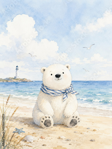 Seaside Serenity: A cute, illustrated polar bear with a blue scarf sits peacefully on a sandy beach, enjoying a calm day by the sea with a lighthouse in the distance. 