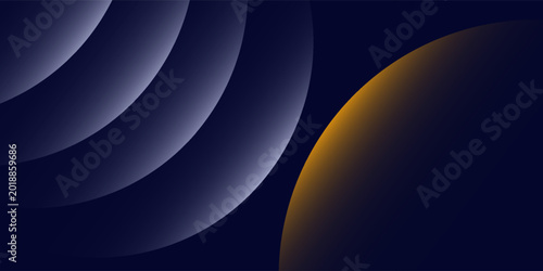 Navy blue abstract background with halftone golden lines delicate pattern. Small light spot box. Curve line, cosmic galaxy space. Festive BG for social media, birthday party invitation.