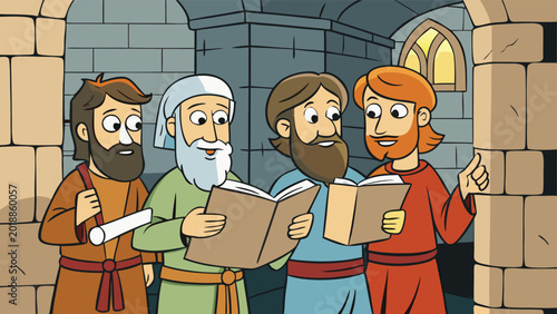 Foto Ancient biblical scene illustration, four wise men reading scriptures in stone archway setting