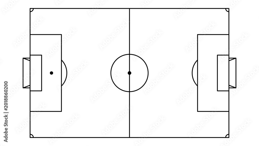 Fototapeta premium Football pitch diagram top view with goal areas and center circle for sports strategy. Editable vector stroke