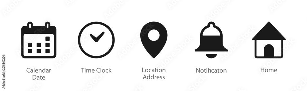 Obraz premium Calendar, date, time, clock, location address notification, and home icon set in solid style. Flat vector illustration icons
